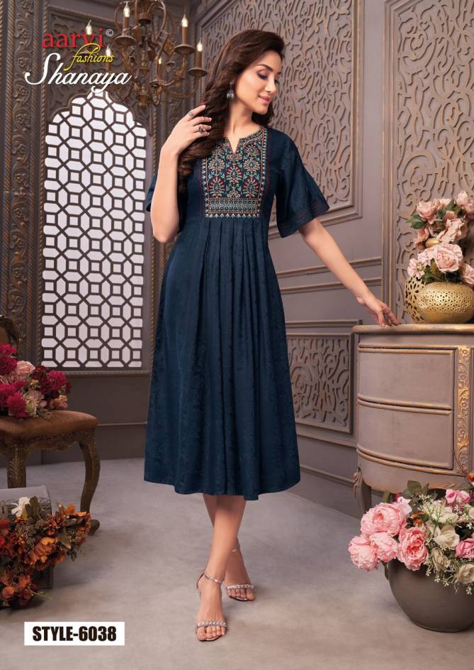 Aarvi Shanaya 4 rayon Designer Fancy Wear Embroidery Kurti Collection